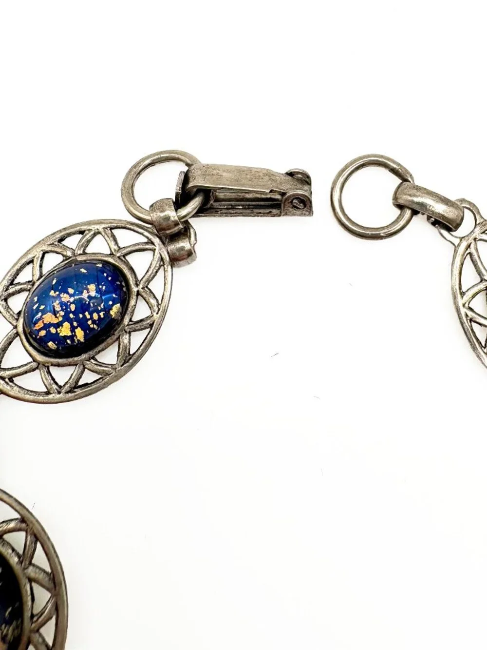Vintage Blue Foil Confetti Glass Bracelet Silver Tone